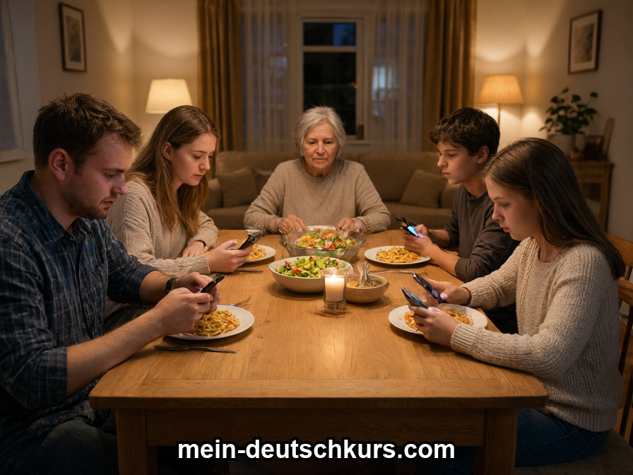 Eine Familie sitzt beim Abendessen, alle schauen auf ihr Handy, nur die Großmutter nicht