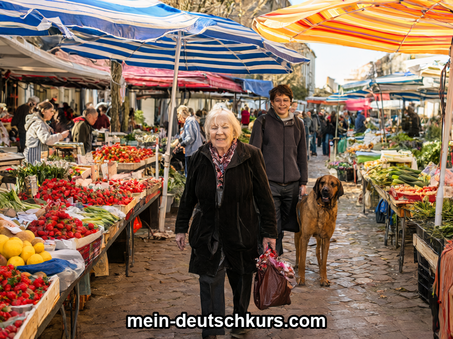 Ein bunter Wochenmarkt mit Obst- und Gemüseständen, einer älteren Frau und einem jungen Mann mit Hund