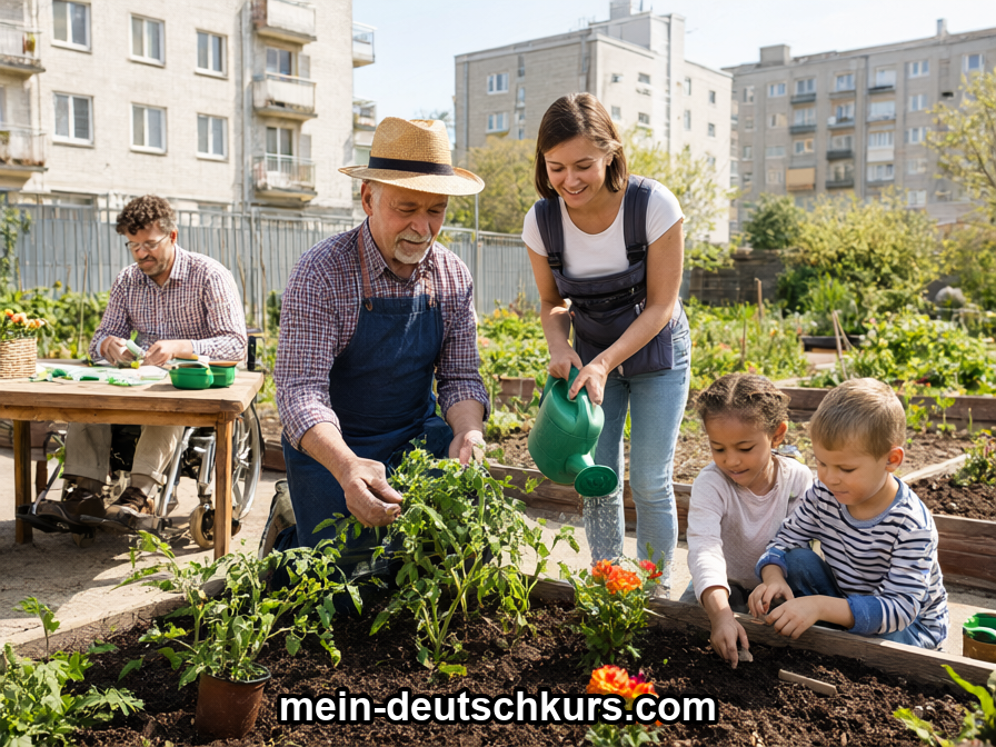 Menschen verschiedenen Alters arbeiten zusammen in einem Gemeinschaftsgarten in der Stadt
