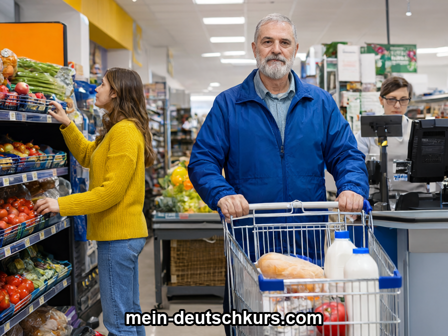 Drei Personen in einem Supermarkt: eine junge Frau am Gemüseregal, ein älterer Mann mit Einkaufswagen und eine Kassiererin