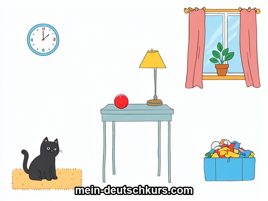 Ein Kinderzimmer mit Uhr, Fenster, Tisch mit Ball und Lampe, Katze und Spielzeugkiste
