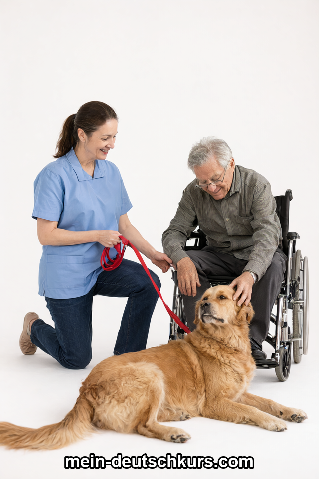 Eine Pflegerin und ein älterer Mann im Rollstuhl mit einem Hund