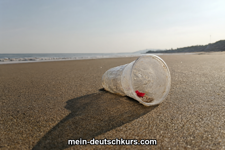 Ein weggeworfener Plastikbecher am Strand