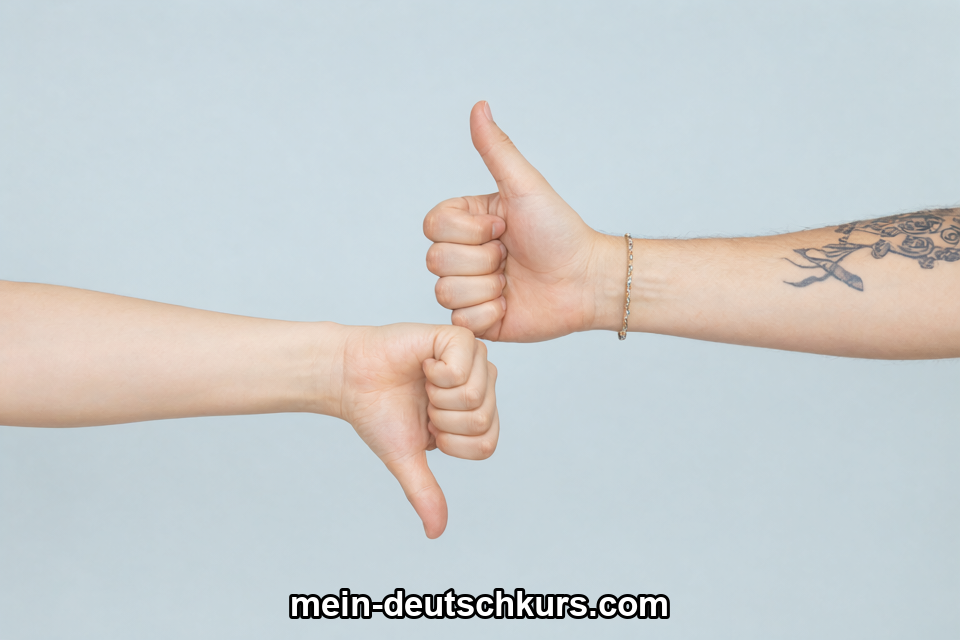 Zwei Fäuste: Daumen hoch am tätowierten Arm, Daumen runter