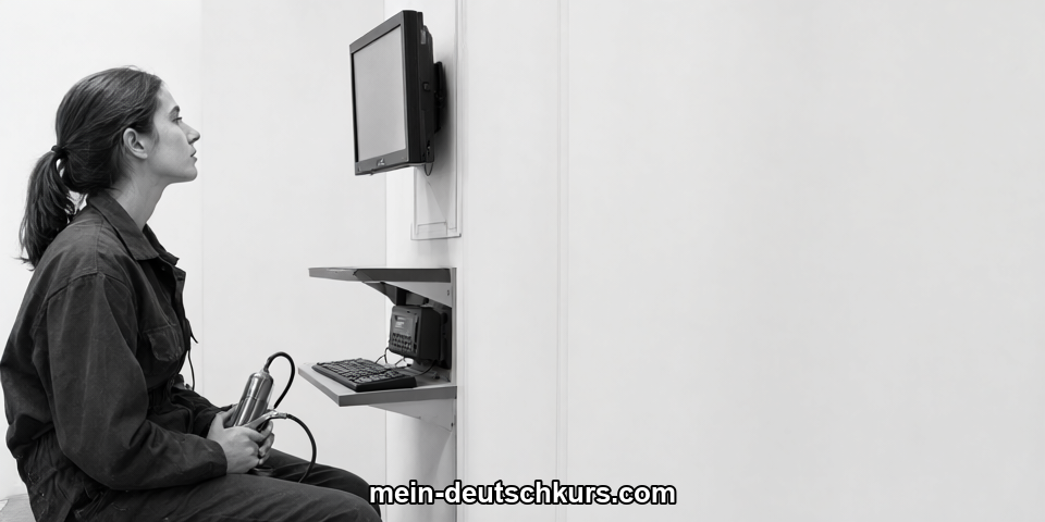 Eine junge Praktikantin in Arbeitskleidung an einem Messgerät vor einem Bildschirm