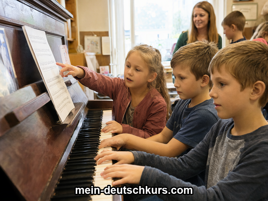 Vier Kinder üben an einem alten Klavier, im Hintergrund lächelt eine Betreuerin