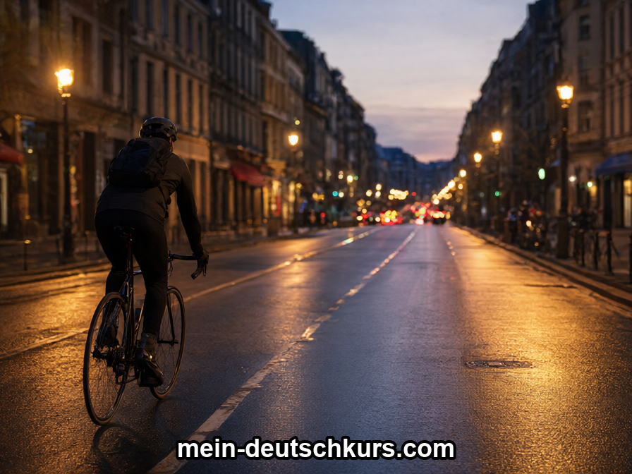 Ein Radfahrer fährt in der Abenddämmerung über eine nasse Straße in einer Großstadt